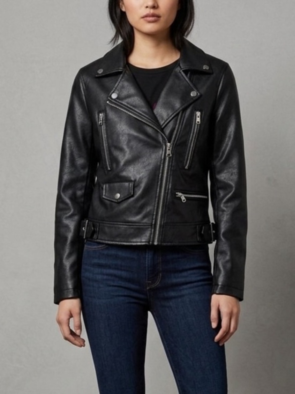 Love Tree NEW Sleek Black Faux Leather Moto Jacket with Crimson Lining